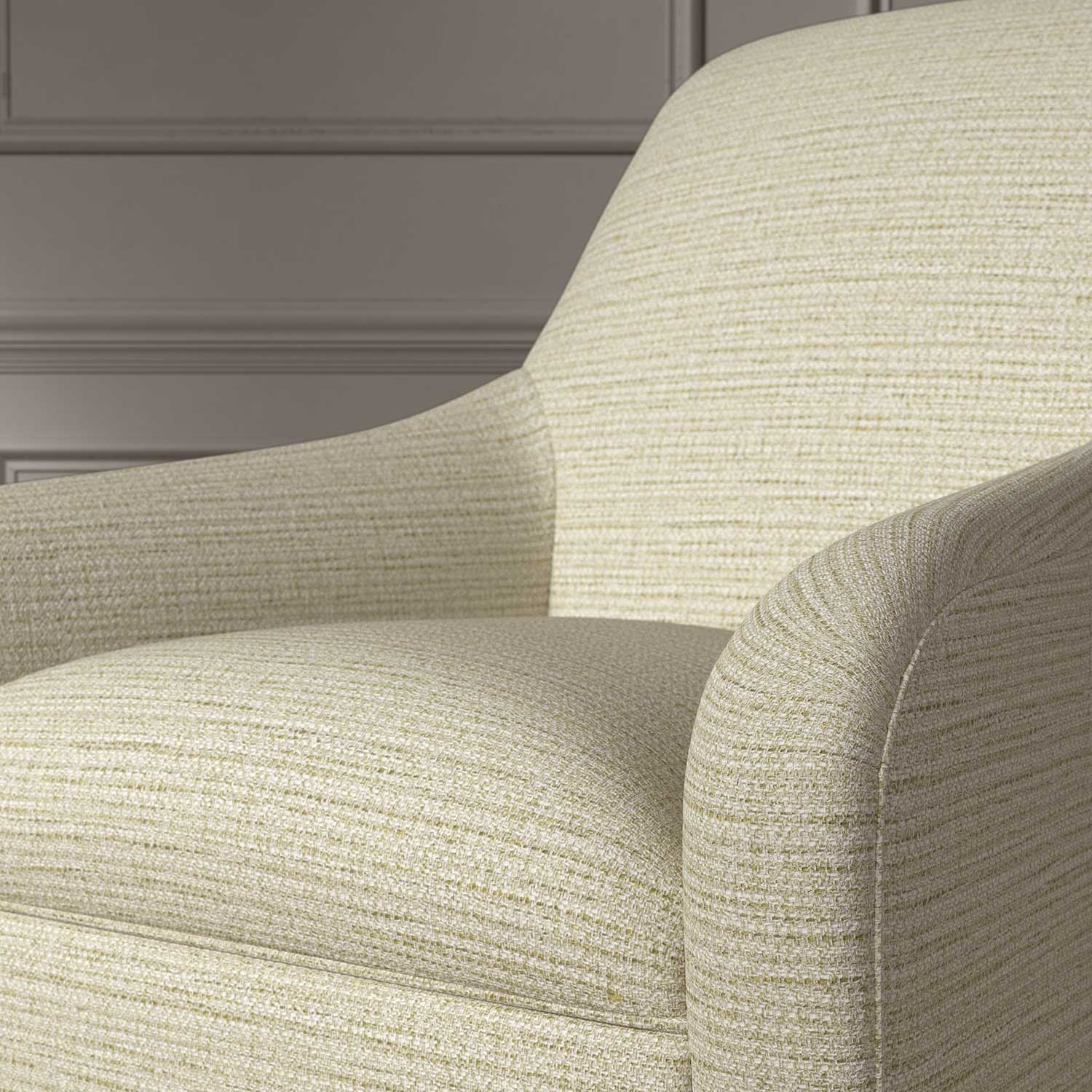 Close up of a chair covered in a woven fabric in a herringbone design in Pumice