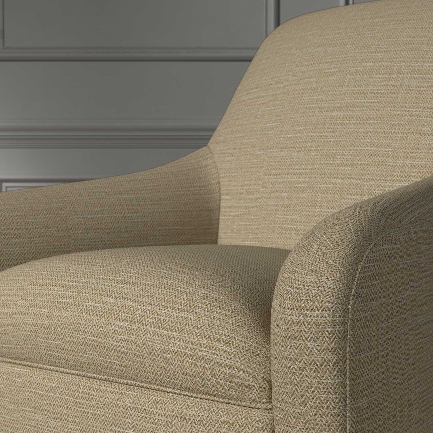 Close up of a chair covered in a woven fabric in a herringbone design in Bisque