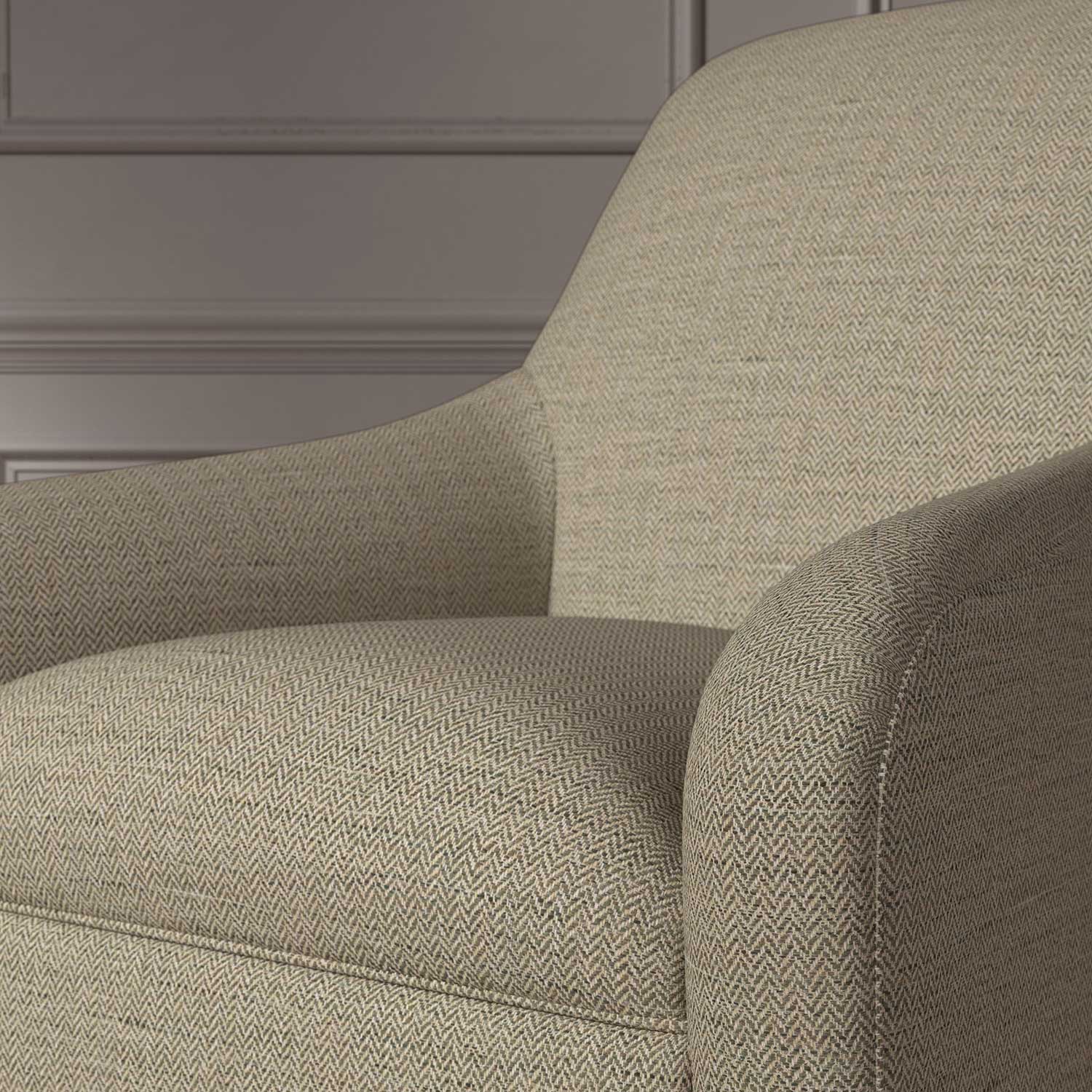 Close up of a chair covered in a woven fabric in a herringbone design in Mushroom