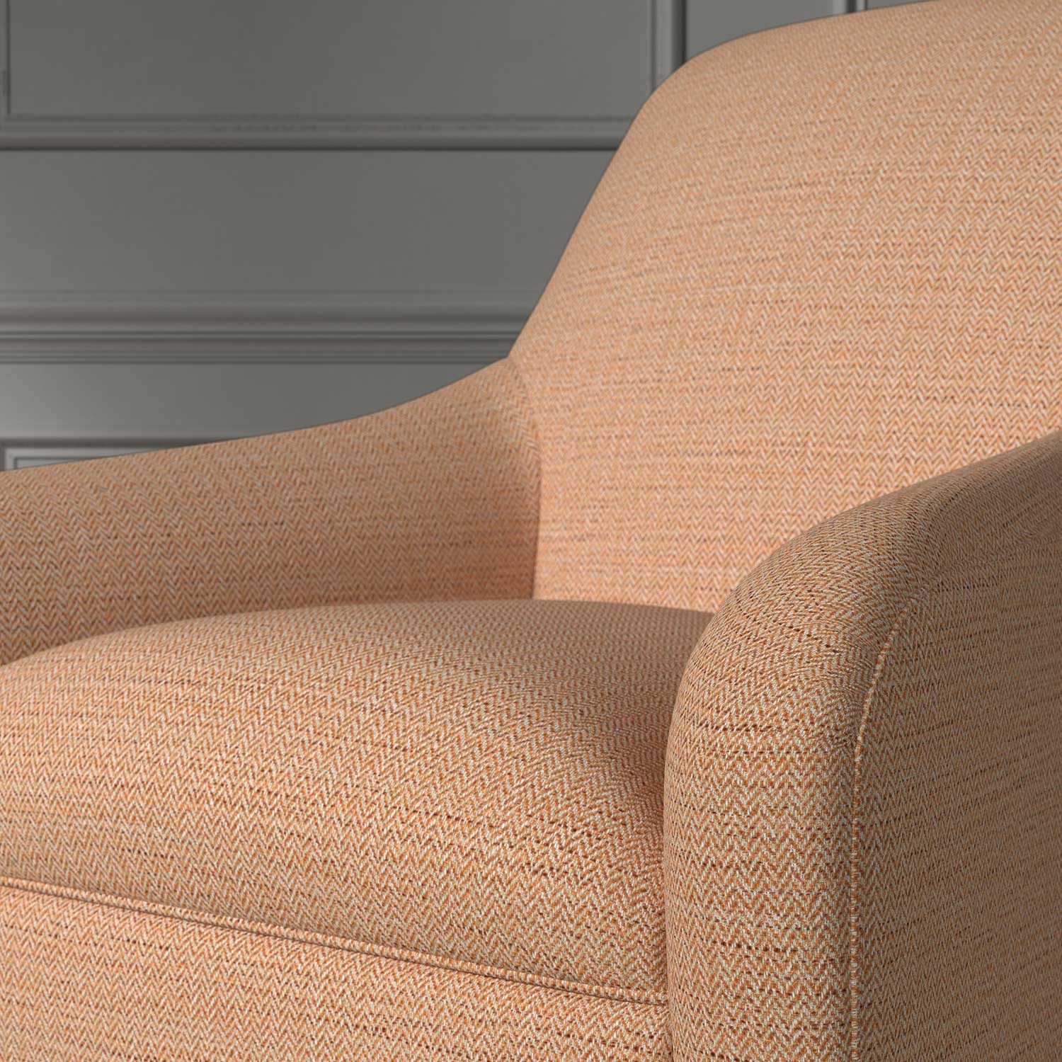 Close up of a chair covered in a woven fabric in a herringbone design in Amberlite