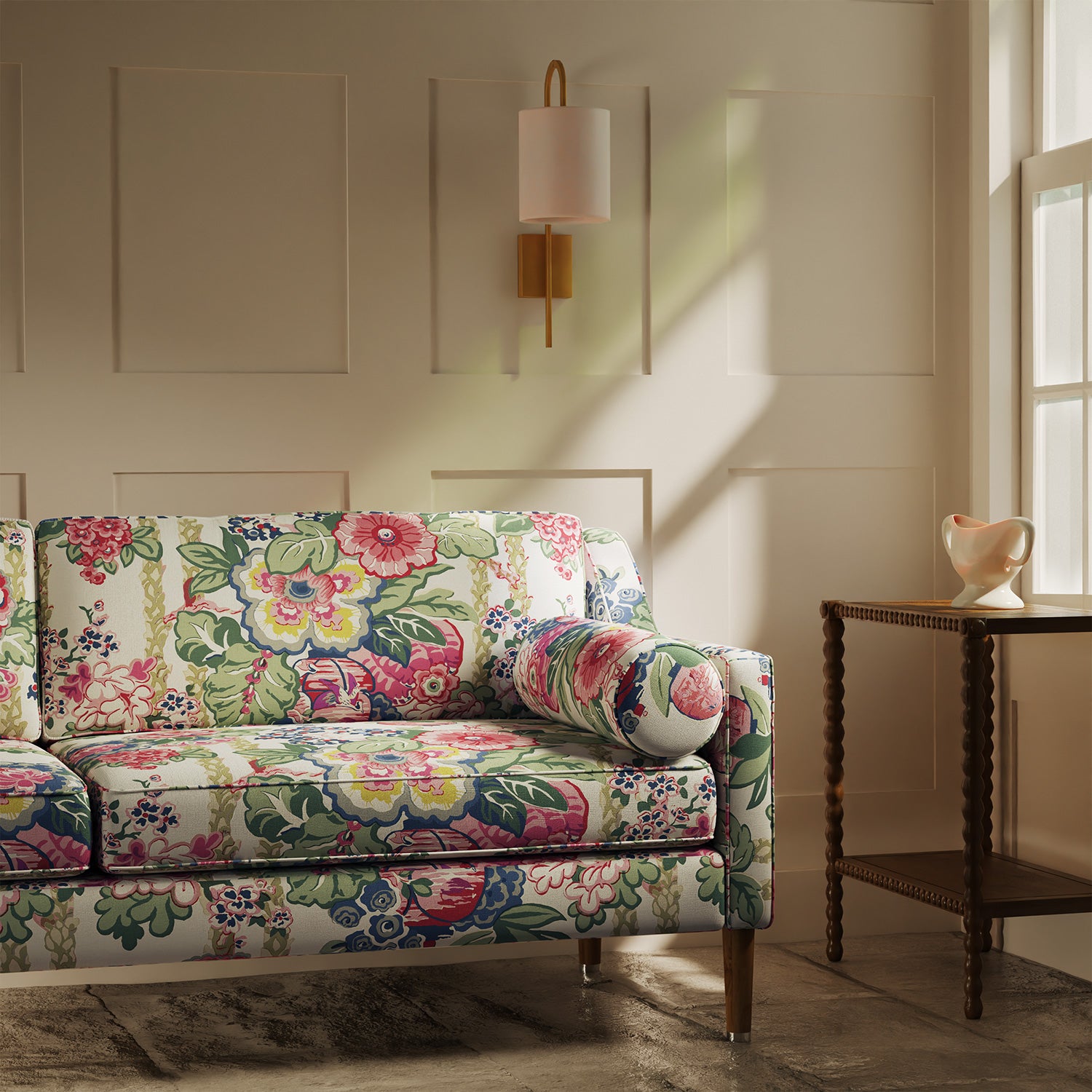 Sofa upholstered in a lively, large scale floral linen fabric
