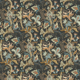 Fabric sample of a dark grey fabric with stylised floral design
