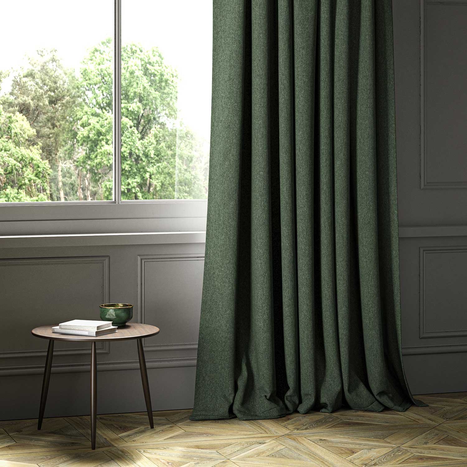 A green woven fabric shown as a curtain.