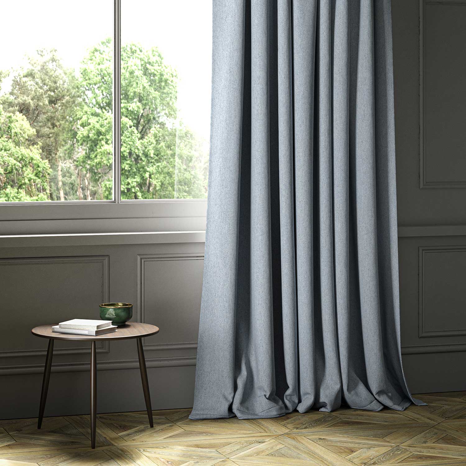 A blue woven fabric shown as a curtain.