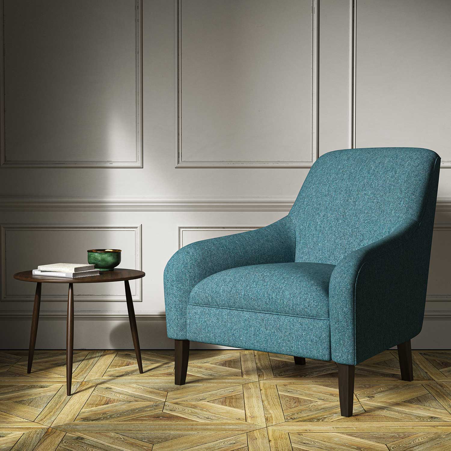 A blue woven fabric on an armchair.