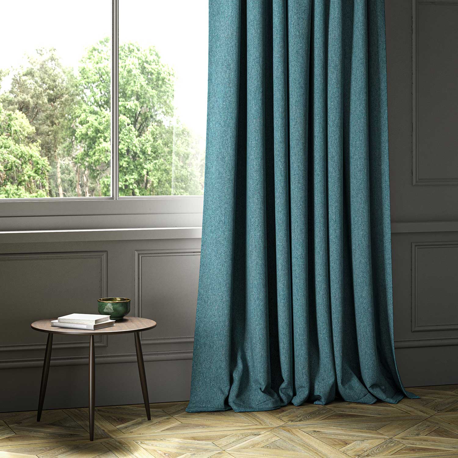 A blue woven fabric shown as a curtain.