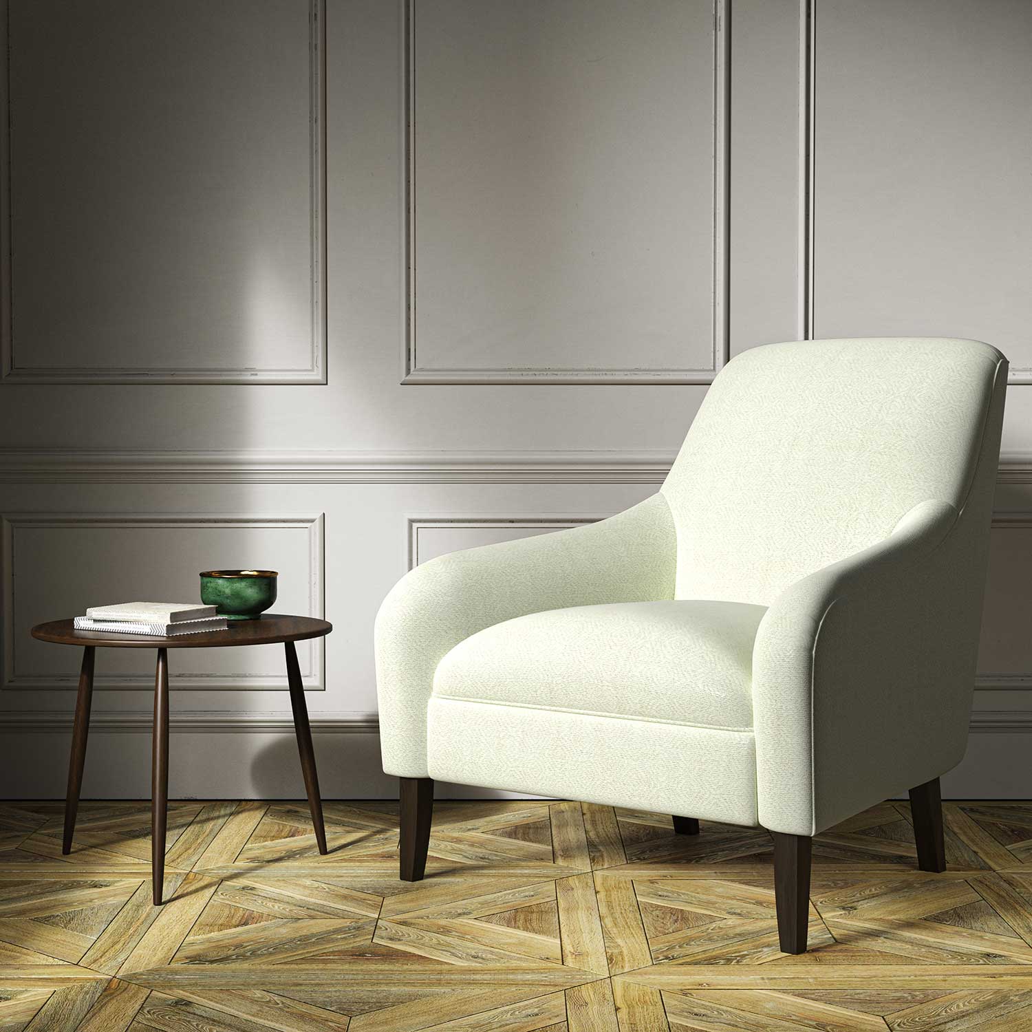 Armchair upholstered in a cream woven fabric