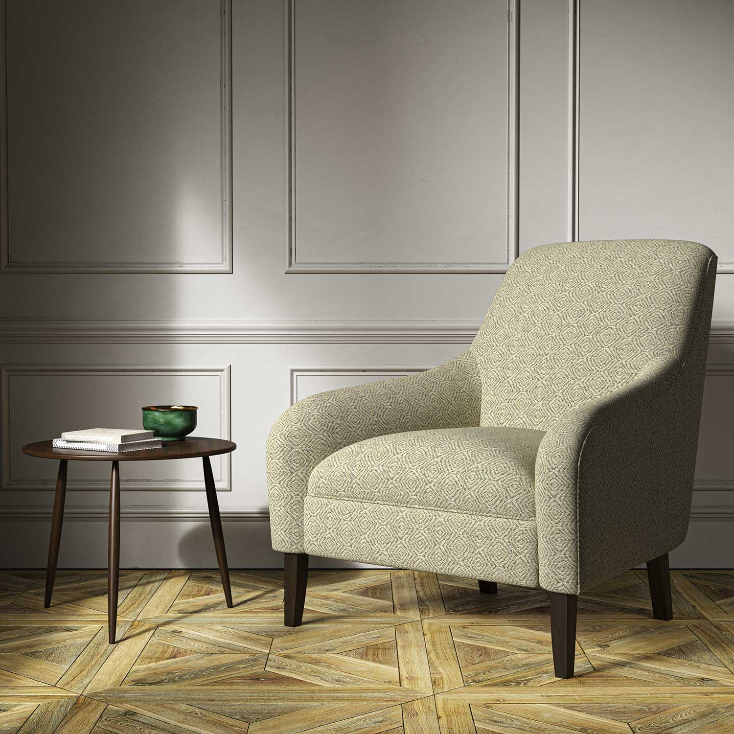 Armchair upholstered in a grey woven fabric