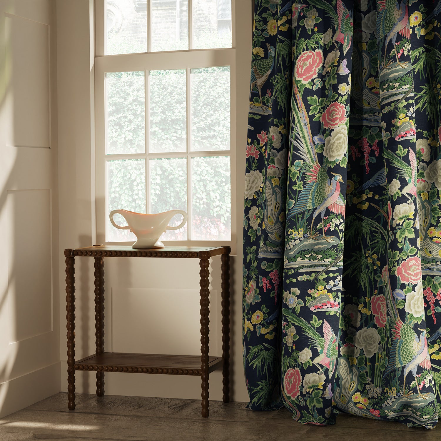 Curtain in a lively, floral and bird linen fabric Edit alt text