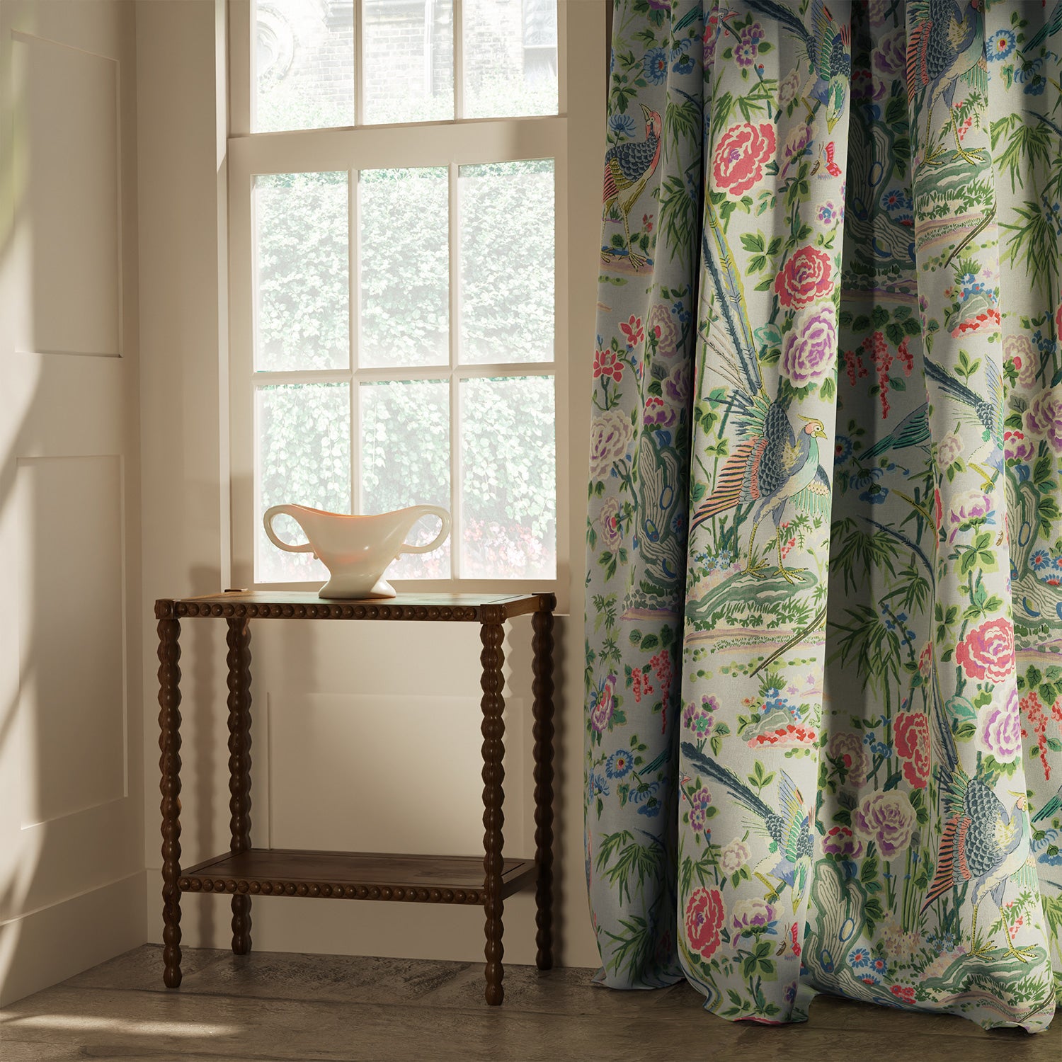Curtain in a lively, floral and bird linen fabric Edit alt text