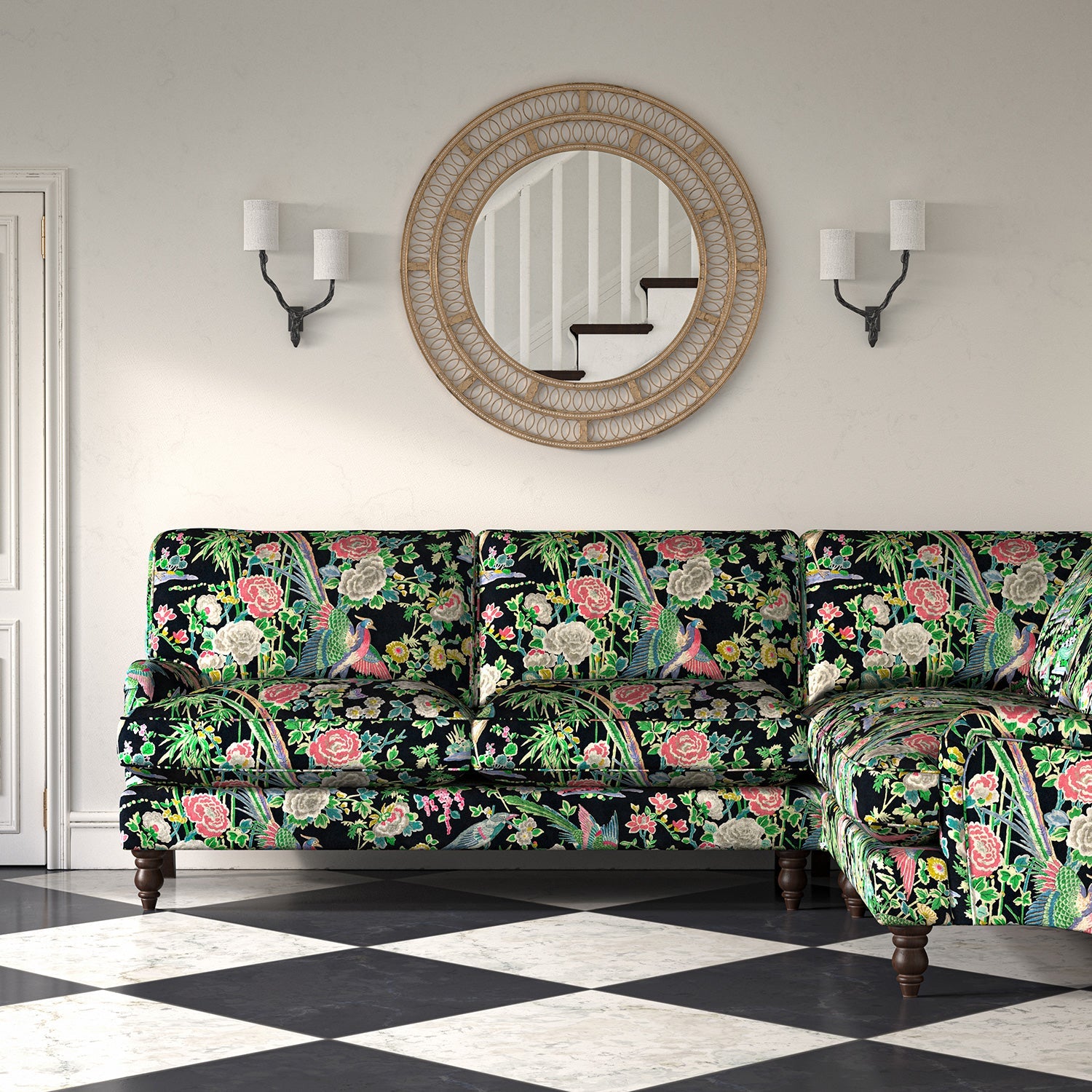 Velvet sofa upholstered in a printed velvet fabric with bamboo and oriental flowers, in multicolours.