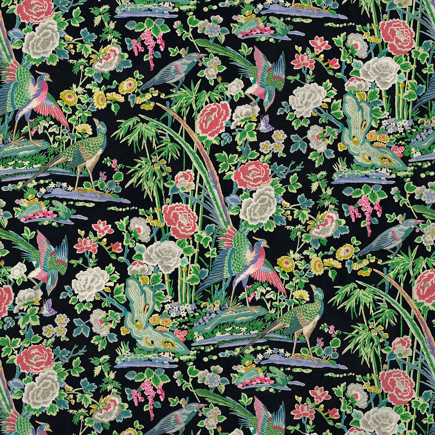 Printed velvet fabric with bamboo and oriental flowers in multicolours, for upholstery and curtain use.
