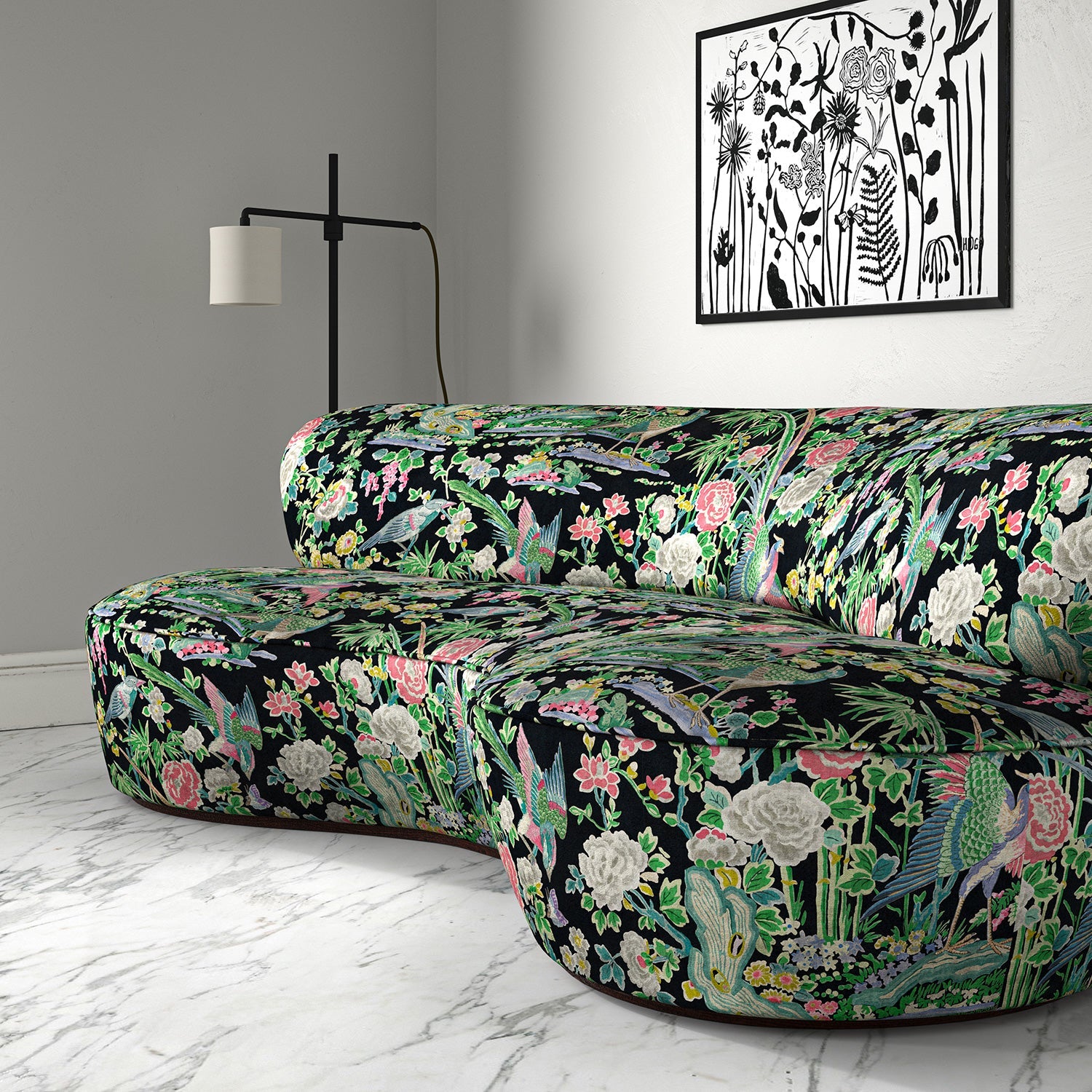 Velvet sofa upholstered in a printed velvet fabric with bamboo and oriental flowers, in multicolours.