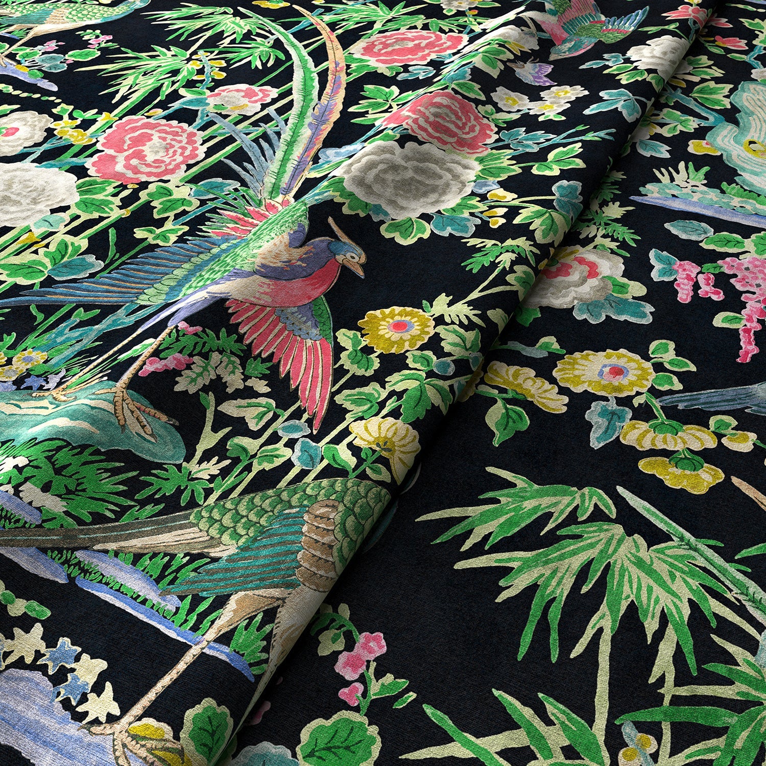 Printed velvet fabric with bamboo and oriental flowers in multicolours, for upholstery and curtain use.
