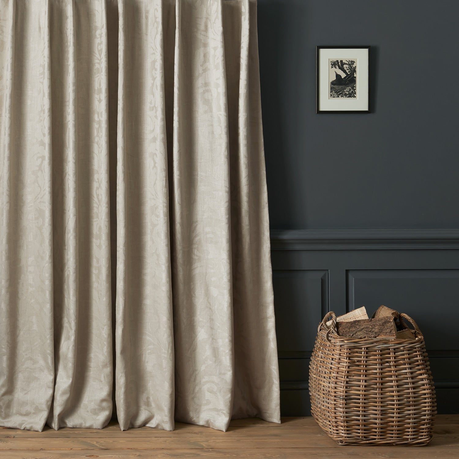 Curtains in a contemporary damask fabric in a light neutral colour