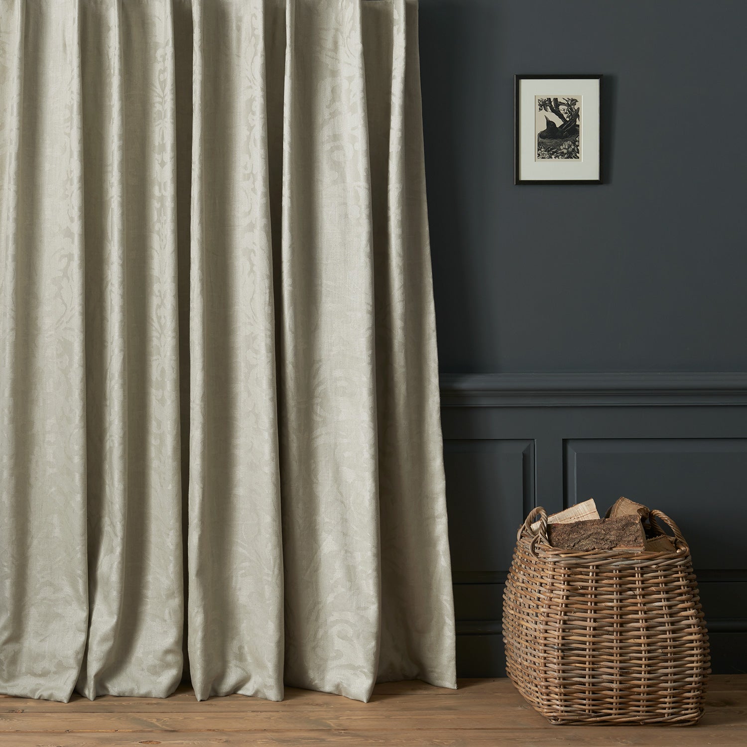 Curtains in a contemporary damask fabric in a neutral colour.