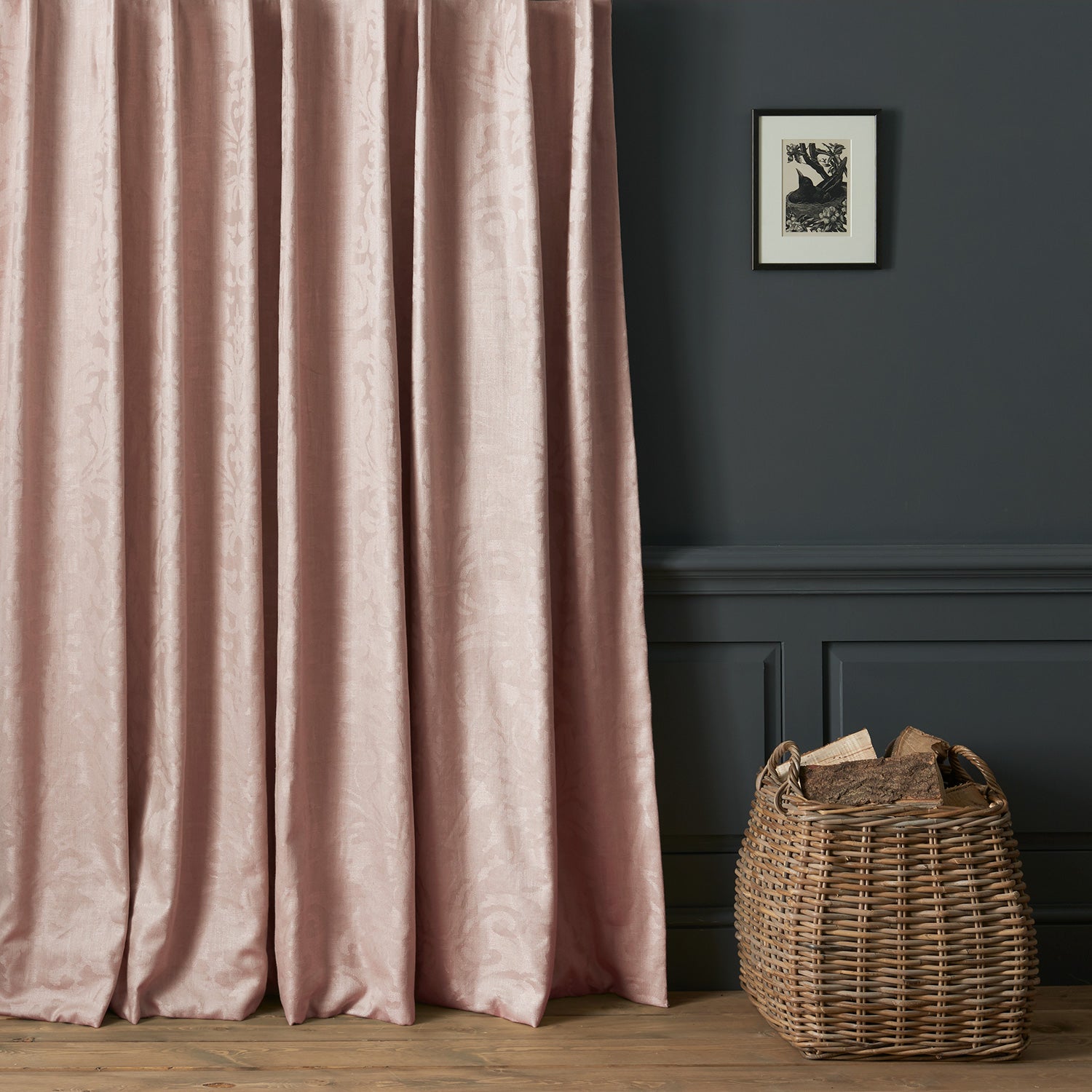 Curtains in a contemporary damask fabric in a dusky pink colour.