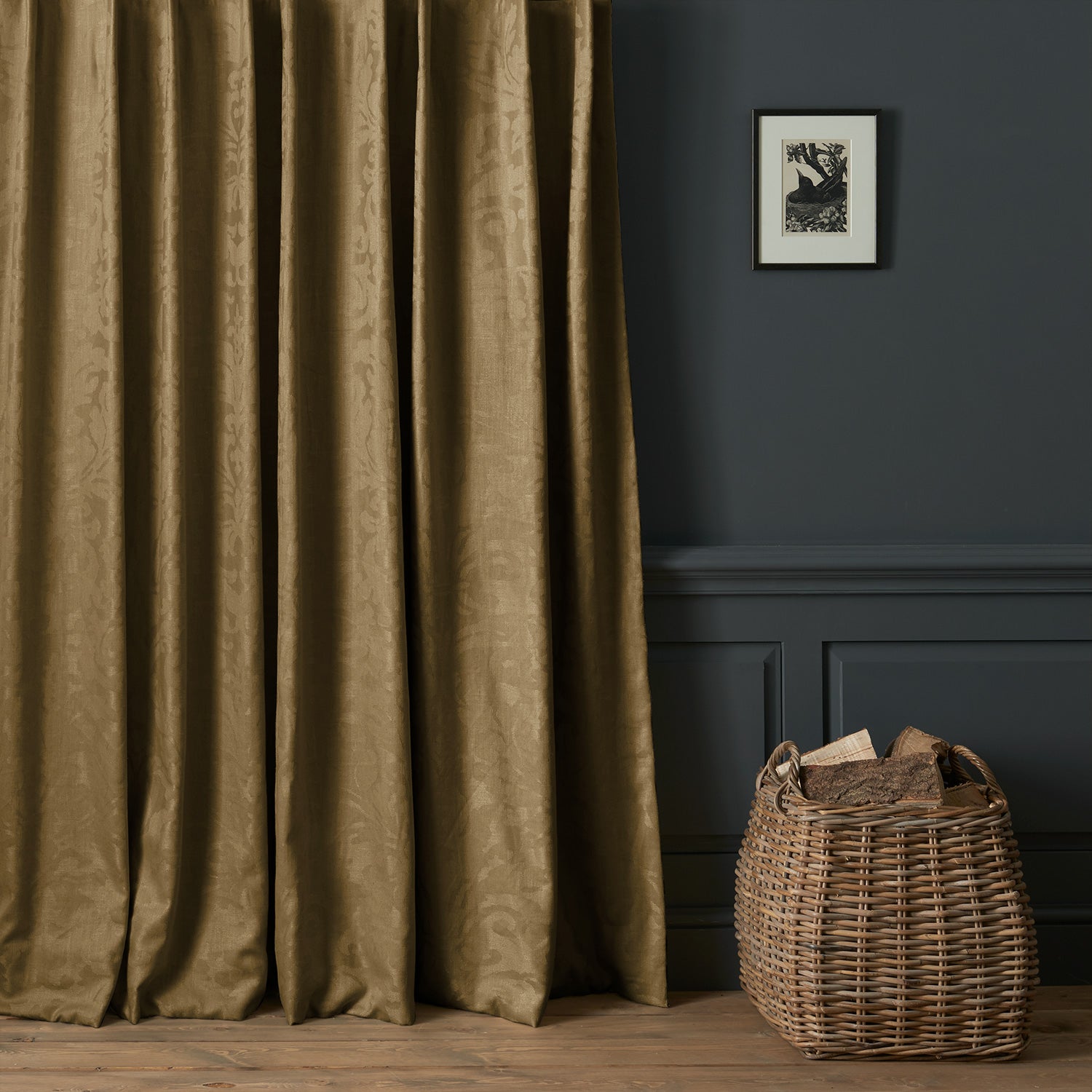 Curtains in a contemporary damask fabric in a brown colour.
