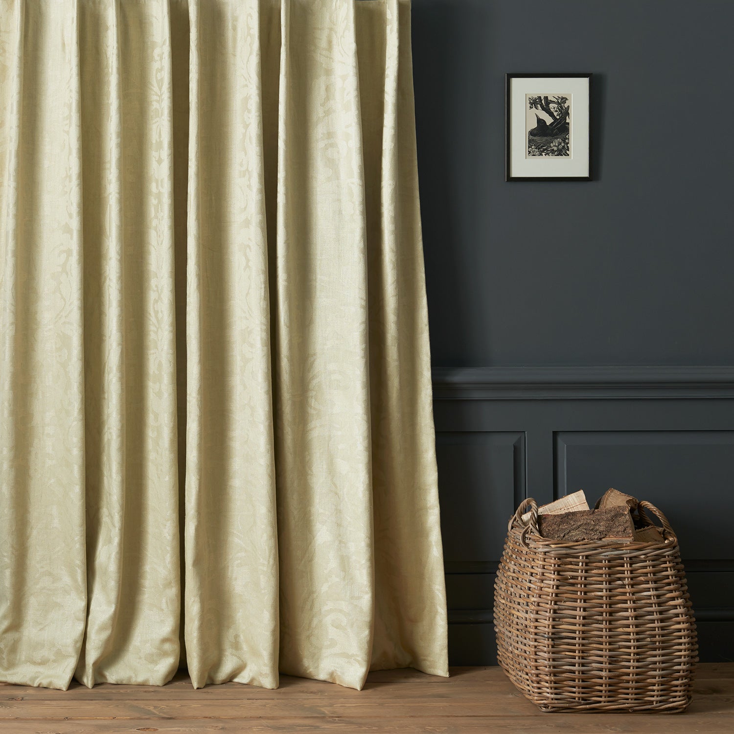 Curtains in a contemporary damask fabric with light green colours.