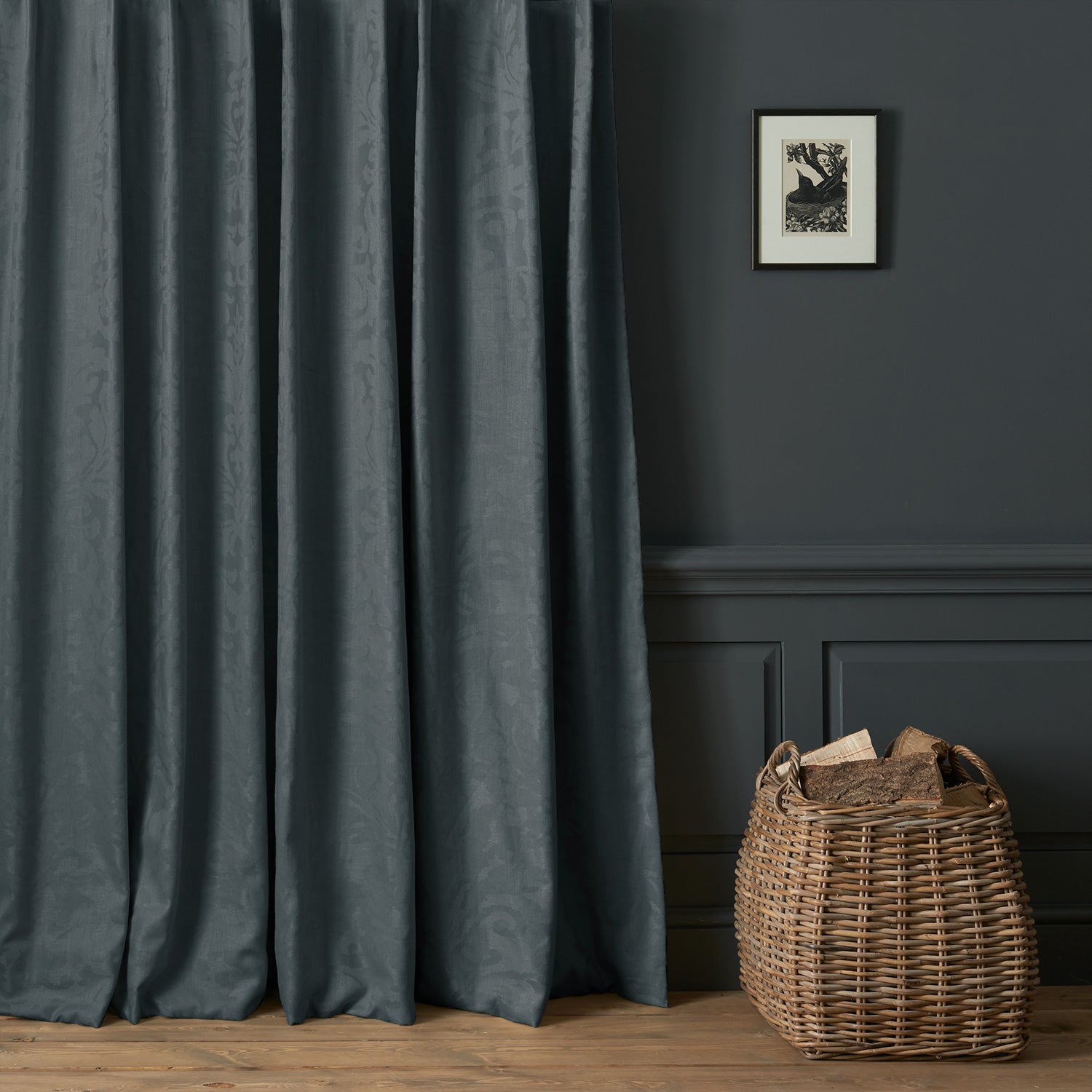 Curtains in a contemporary damask fabric with dark grey colours.