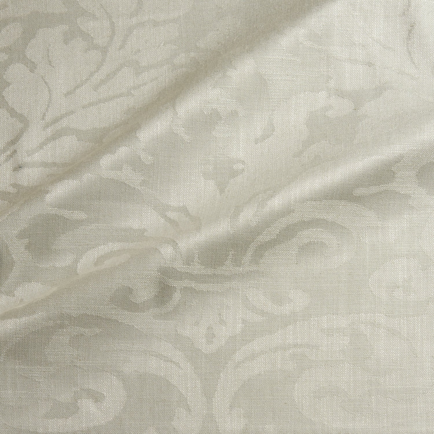 Fabric swatch of a contemporary damask fabric in a neutral colour for upholstery and curtains.