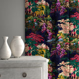 Curtains in printed velvet fabric with ornamental garden scenic design in multicolours.