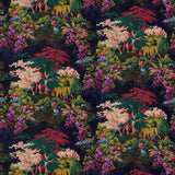 Printed velvet fabric with ornamental garden scenic design in multicolours for curtains and upholstery.
