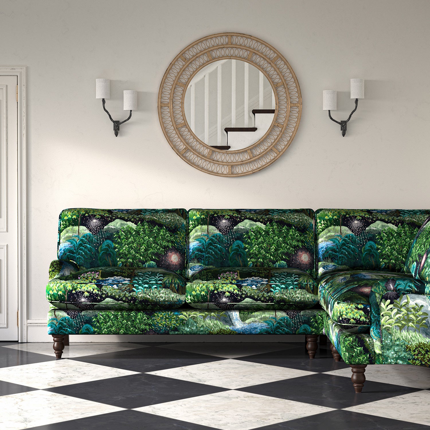 Sofa in printed velvet fabric with mysterious fantasy forest design, in green colours.