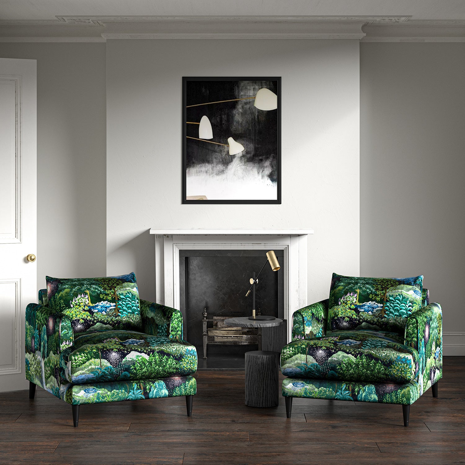 Armchairs in printed velvet fabric with mysterious fantasy forest design, in green colours.