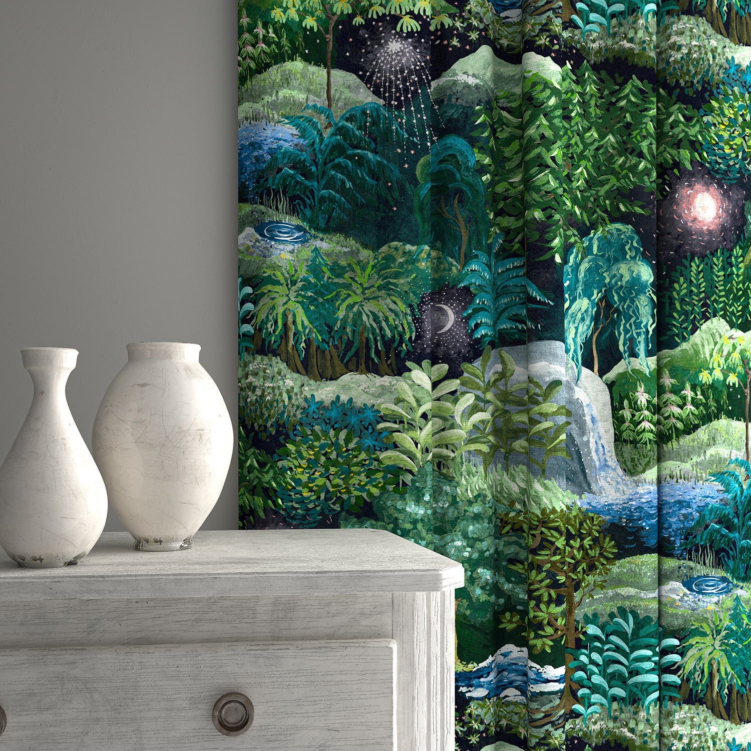 Curtains in printed velvet fabric with mysterious fantasy forest design, in green colours.