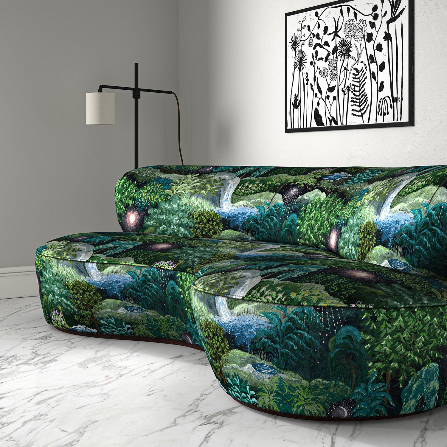 Sofa in printed velvet fabric with mysterious fantasy forest design, in green colours.