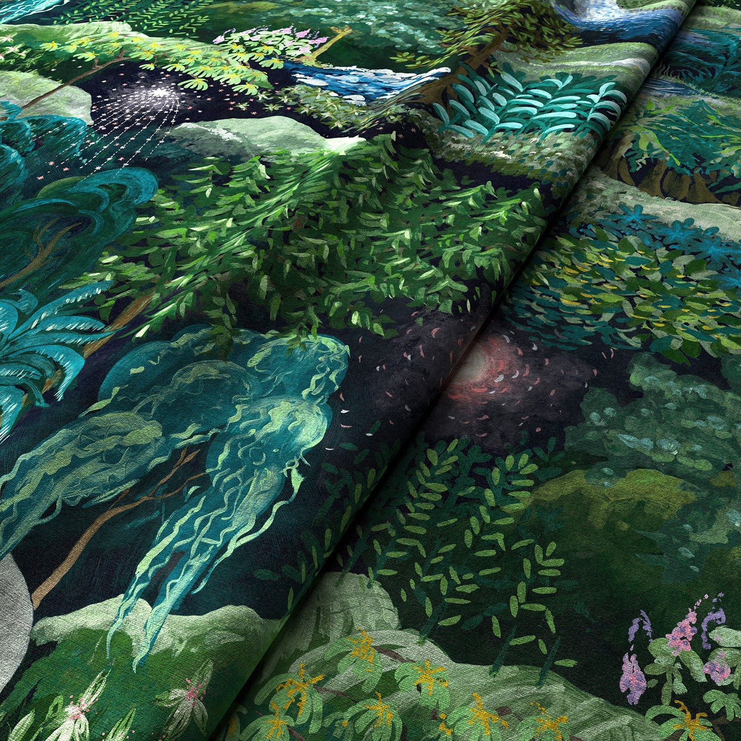 Printed Velvet fabric with mysterious fantasy forest design, in green colours for curtains and upholstery.