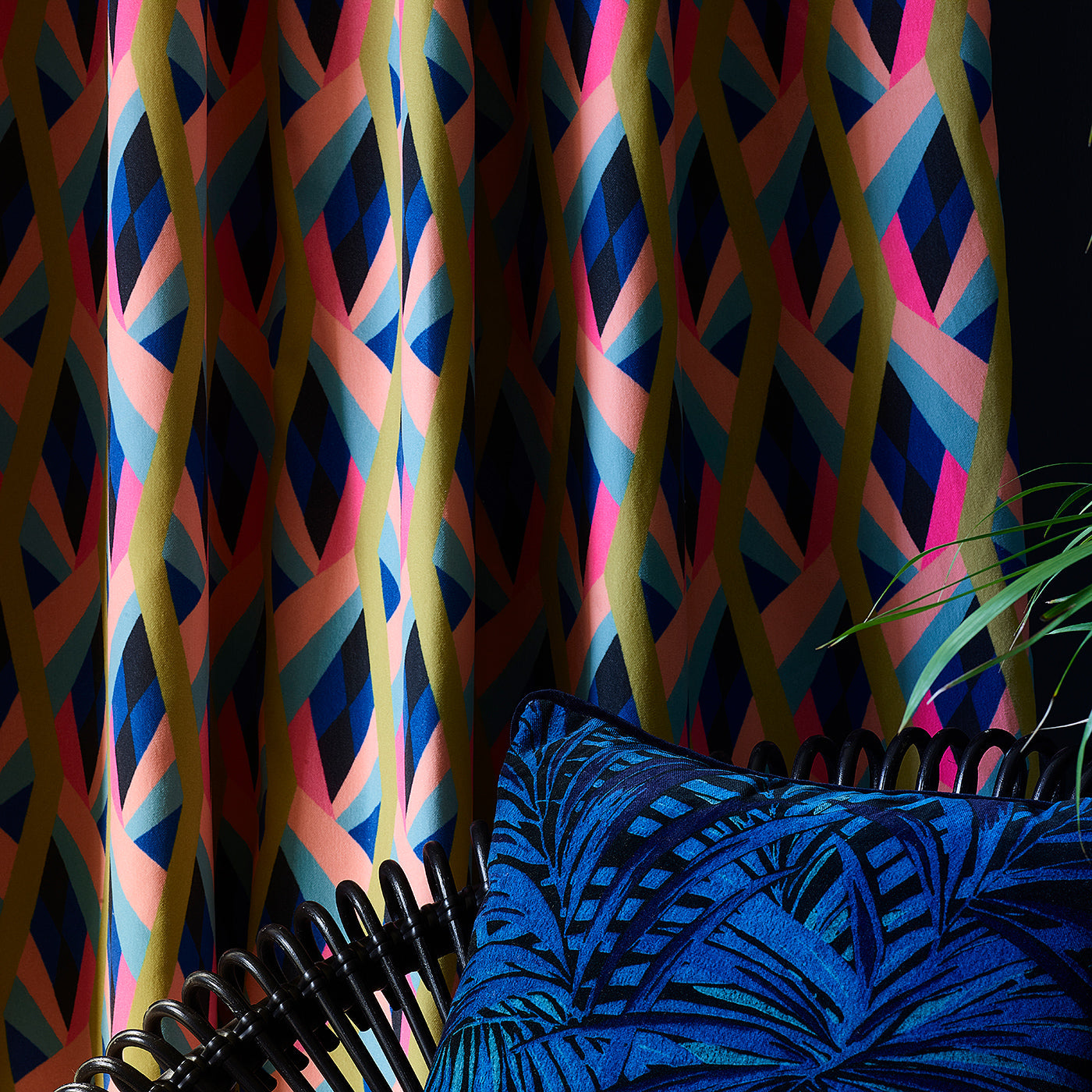 Velvet curtains in a bright coloured geometric fabric