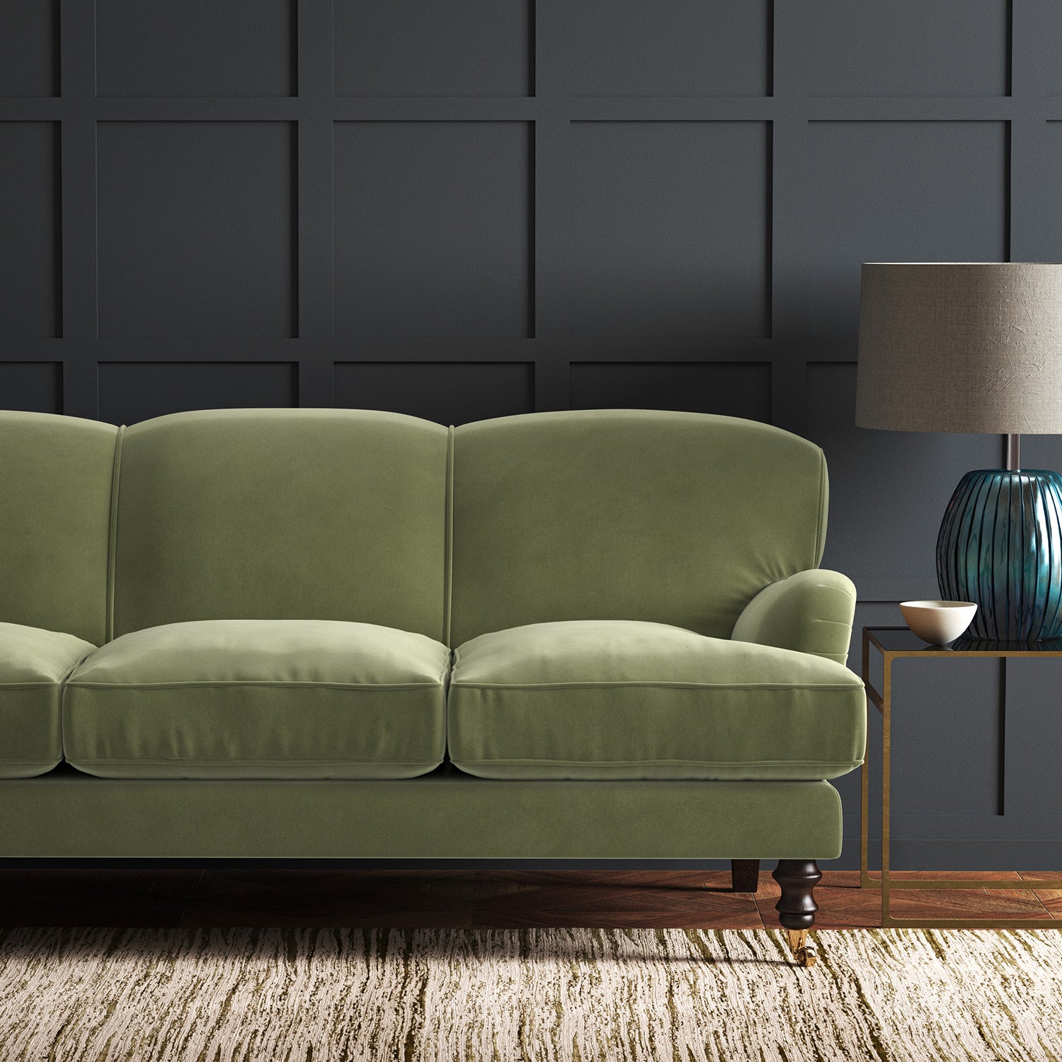 Green eco velvet upholstery fabric on a sofa