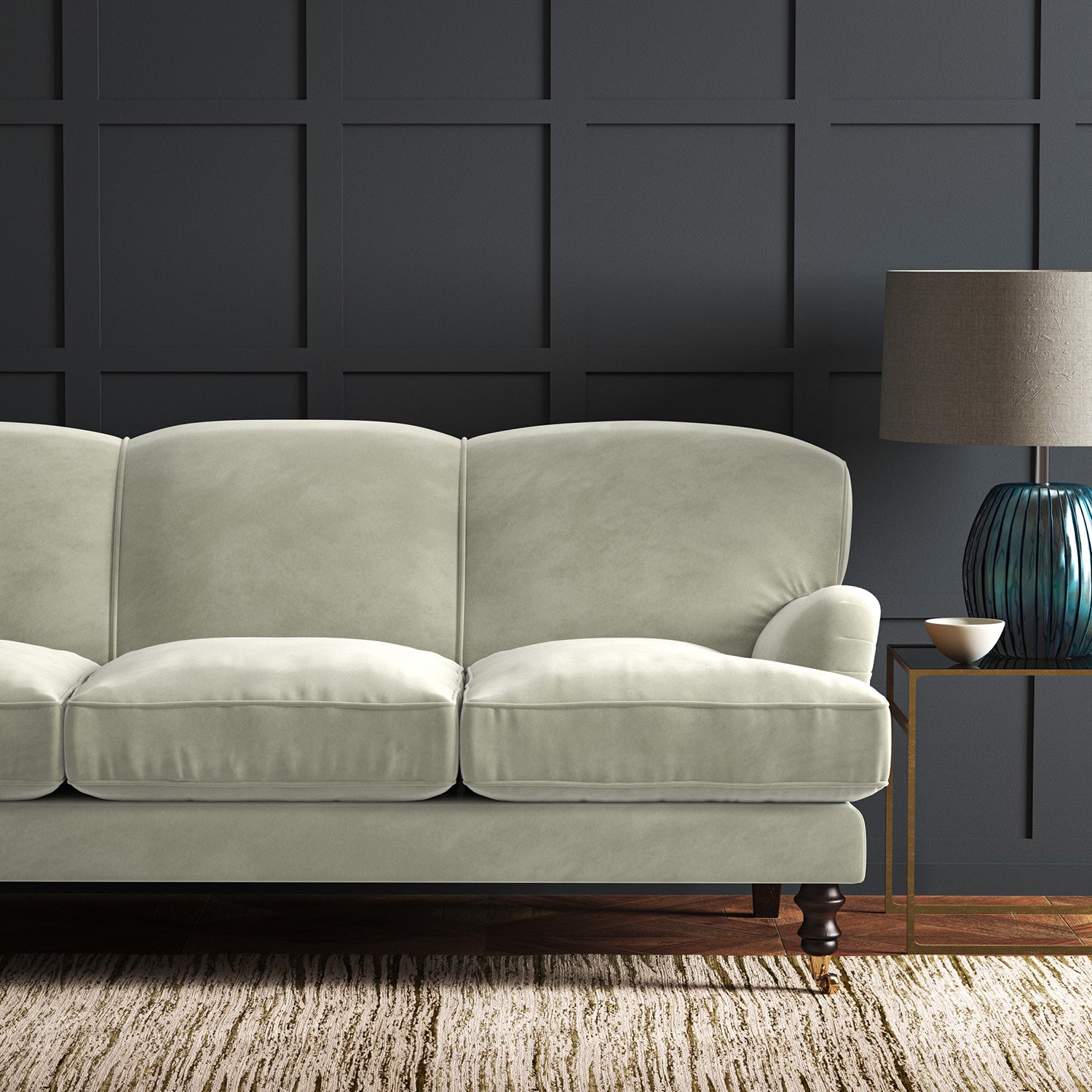 Cream eco velvet upholstery fabric on a sofa