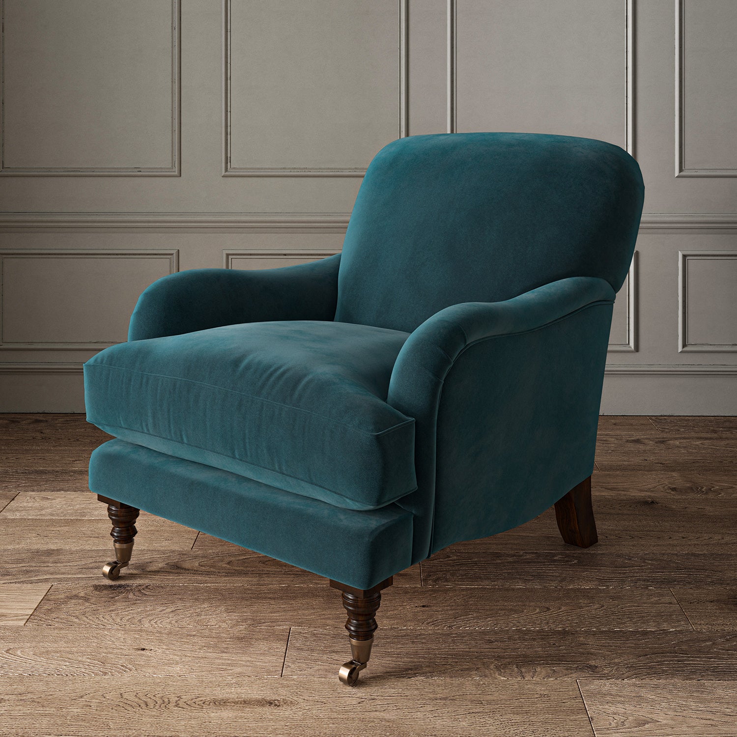 Blue eco velvet upholstery fabric on an armchair