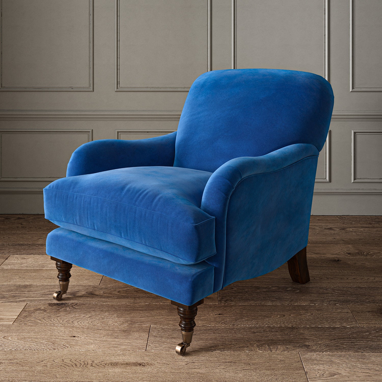Blue eco velvet upholstery fabric on an armchair