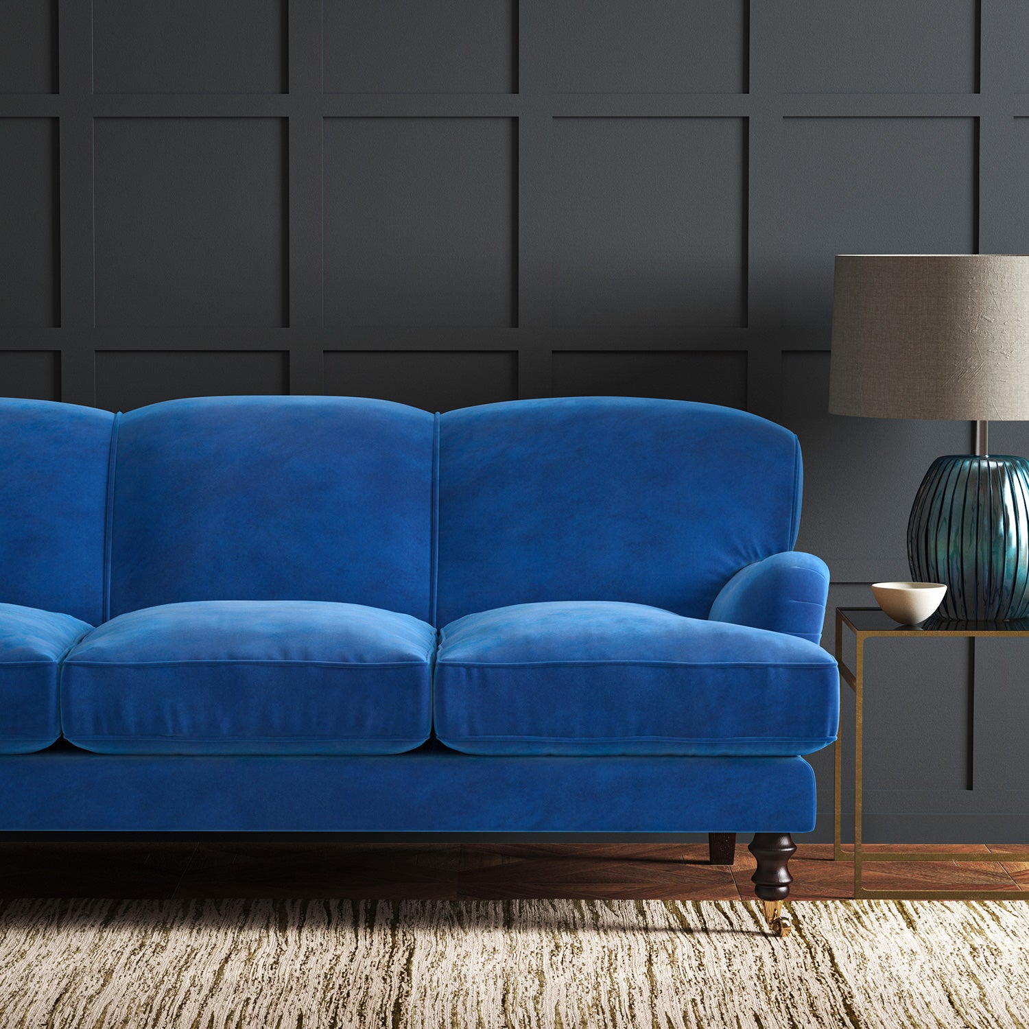 Blue eco velvet upholstery fabric on a sofa