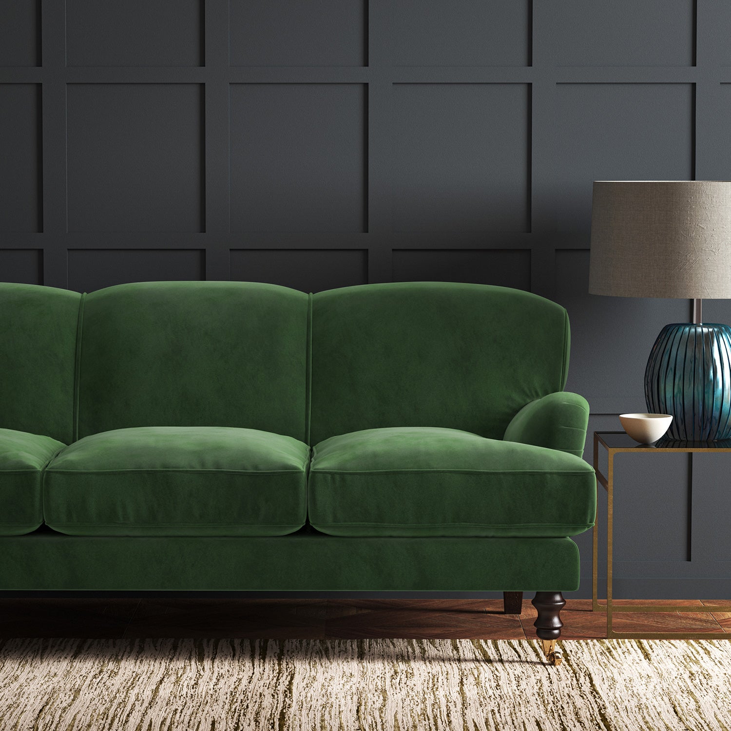 Green eco velvet upholstery fabric on a sofa