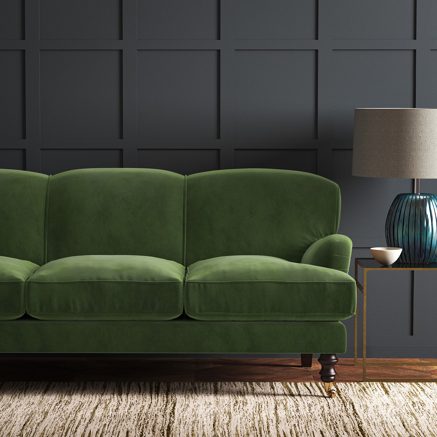 Green eco velvet upholstery fabric on a sofa