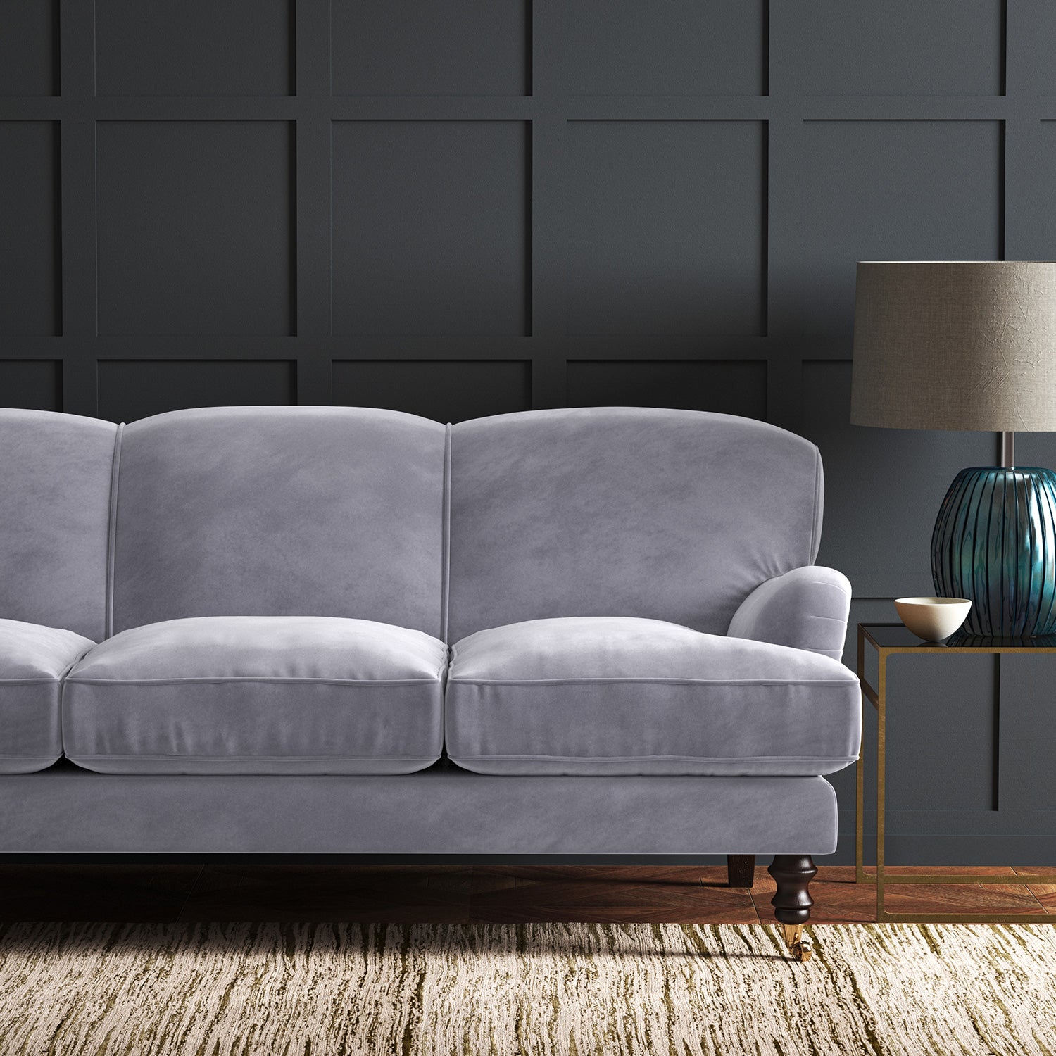 Blue eco velvet upholstery fabric on a sofa