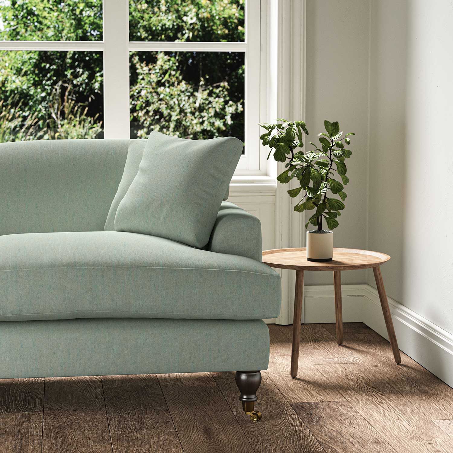 A blue, stain resistant woven fabric on an armchair.
