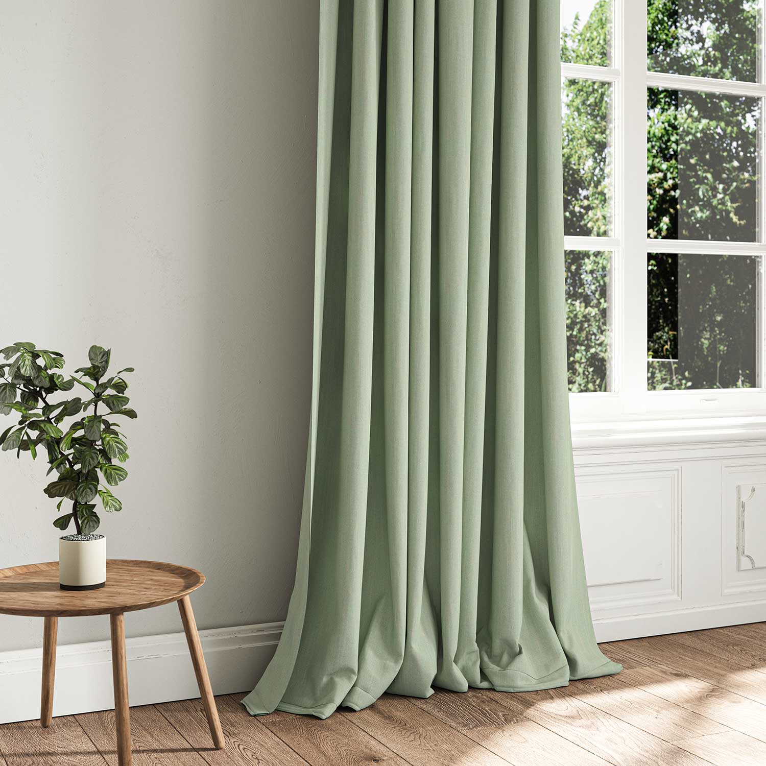 A green woven fabric shown as a curtain.