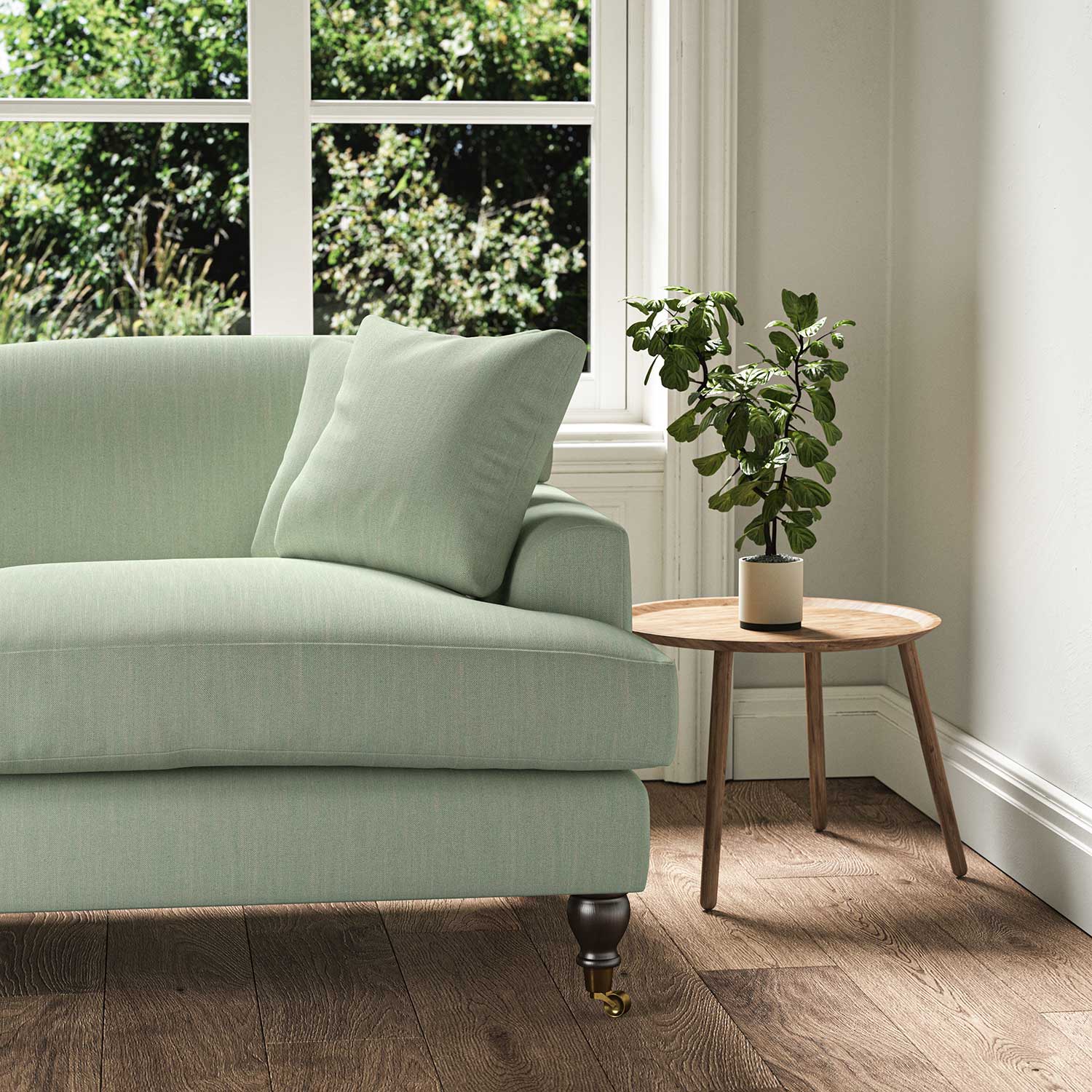 A green stain resistant woven fabric on an armchair.