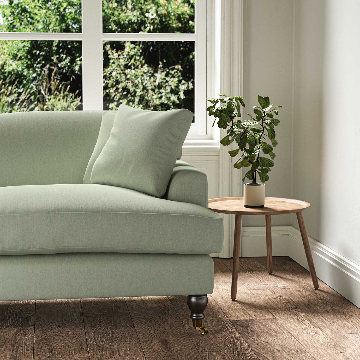 A green stain resistant woven fabric on an armchair.