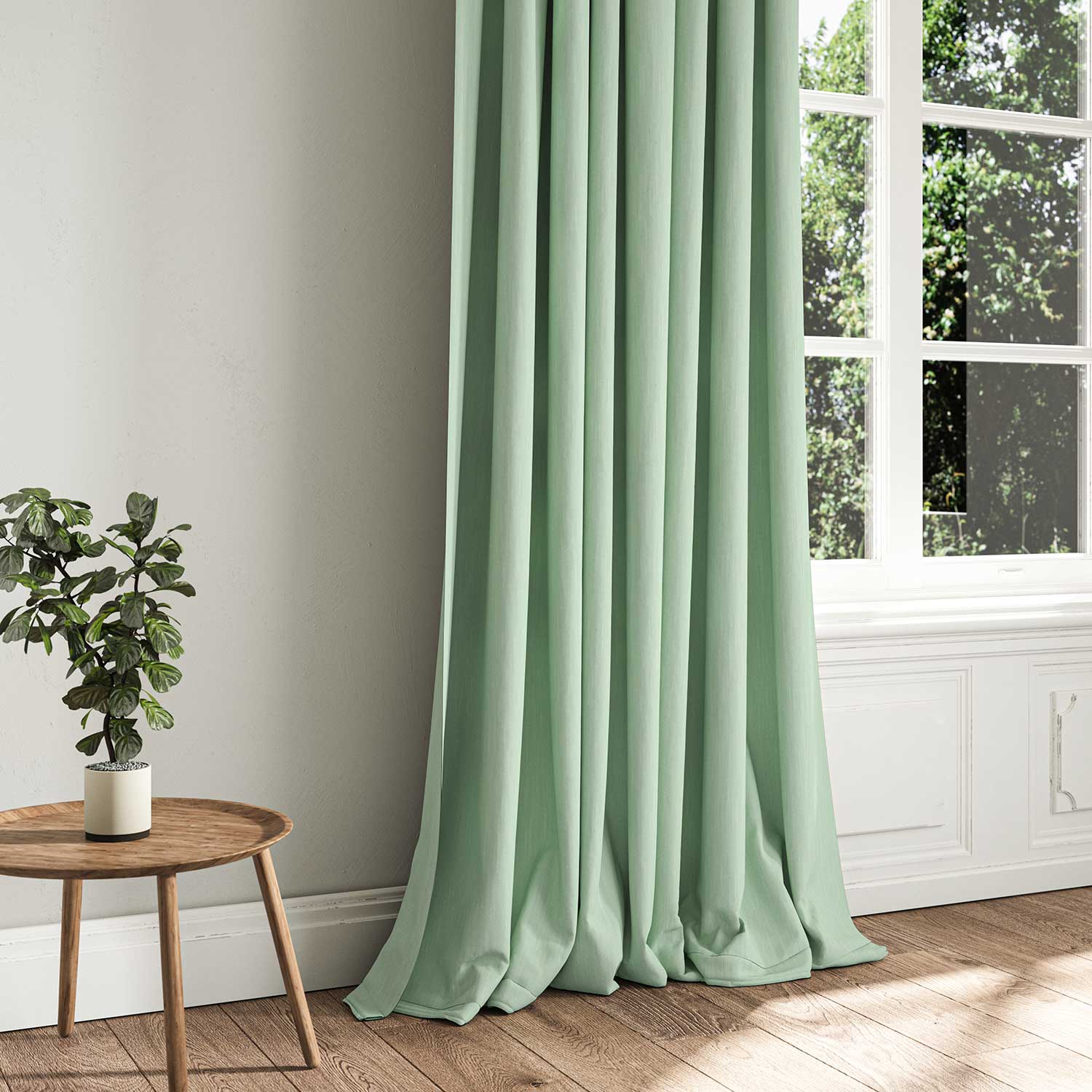 A blue woven fabric shown as a curtain.