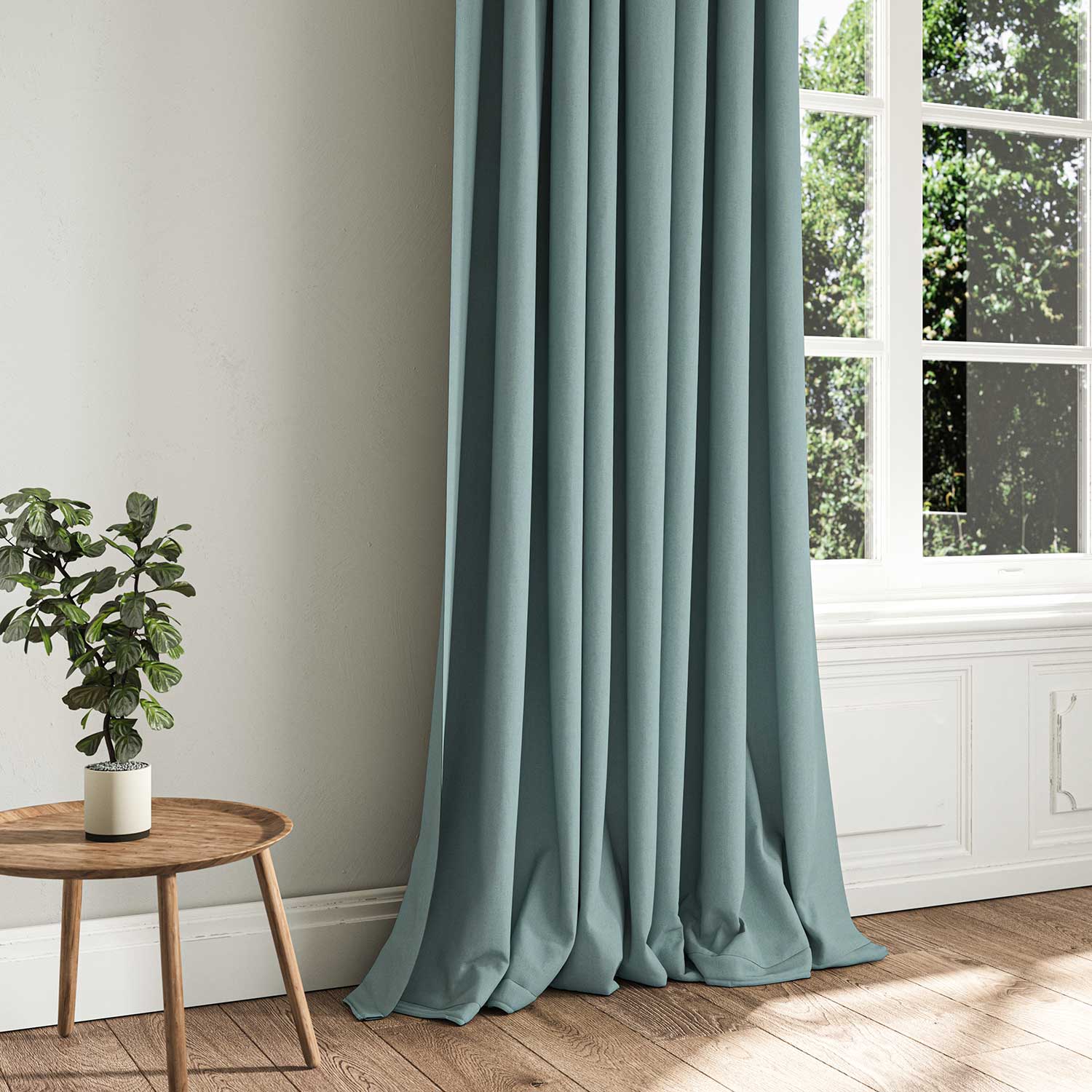 A blue woven fabric shown as a curtain.