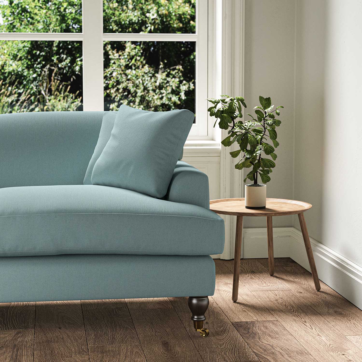 A blue, stain resistant woven fabric on an armchair.
