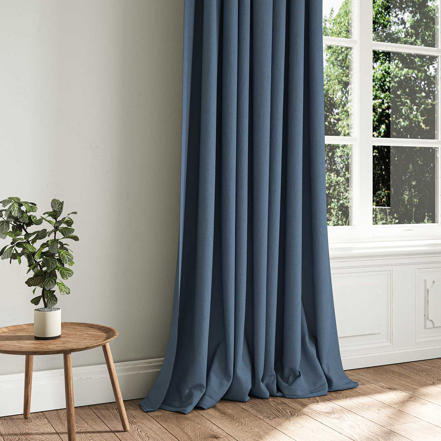 A blue woven fabric shown as a curtain.