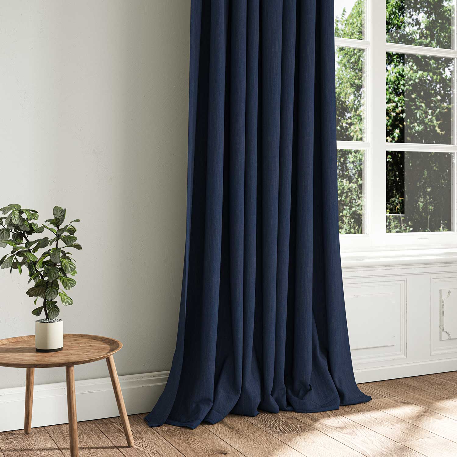 A blue woven fabric shown as a curtain.